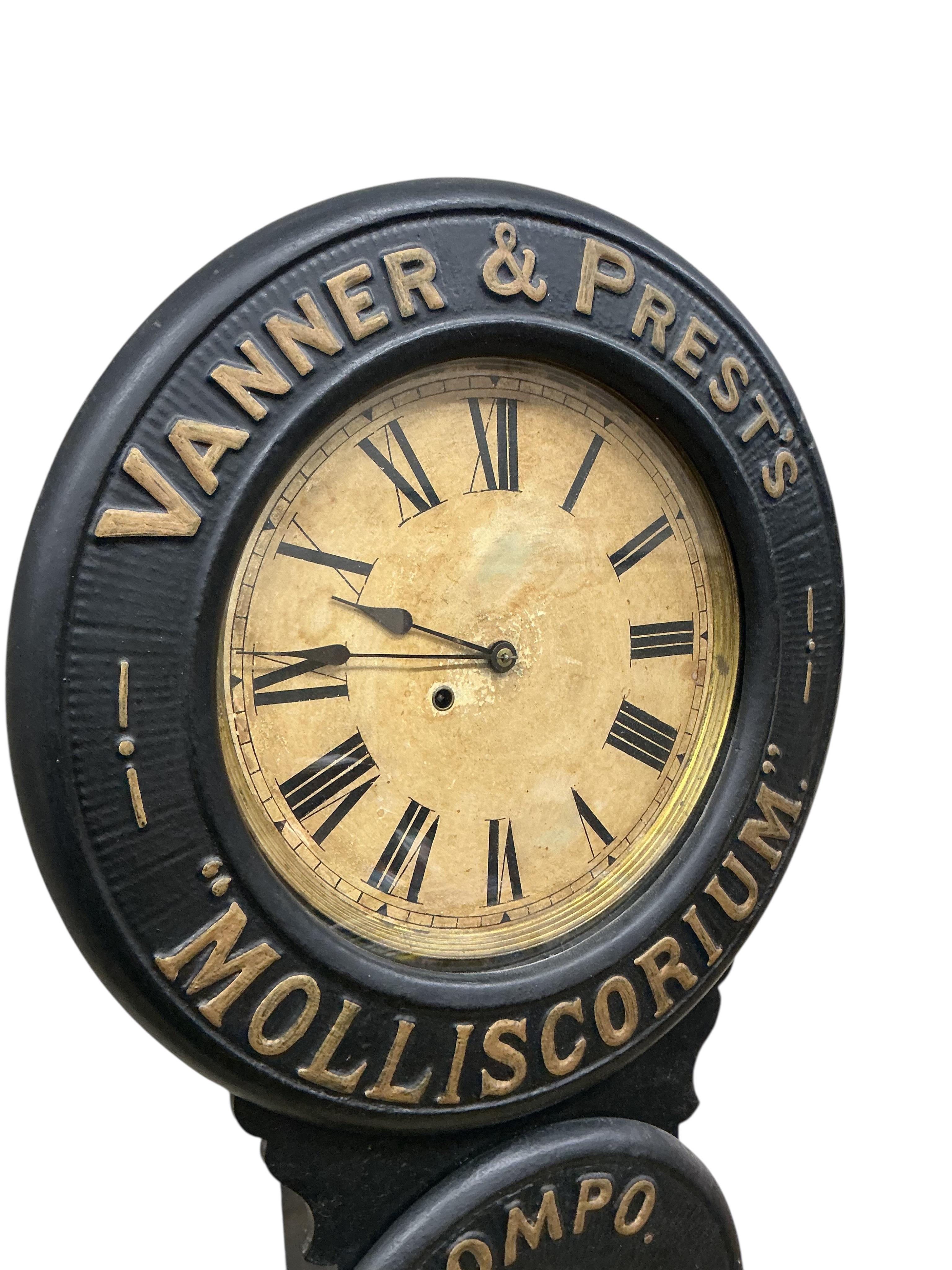 A Victorian Vanner & Prest's advertising wall timepiece, width 46cm, height 78cm
